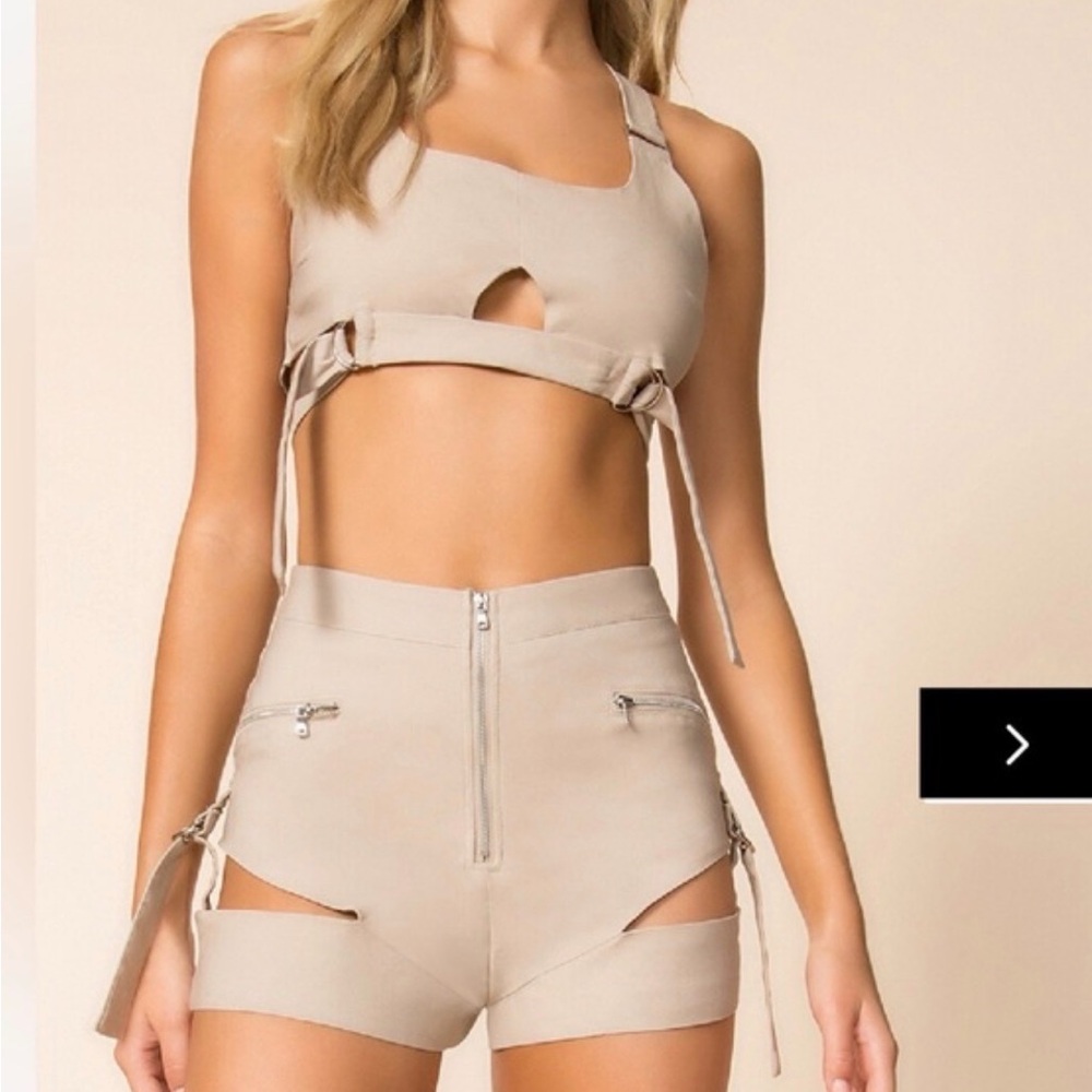 Tiger Mist High-Waist Cutout Women's Top and Shorts in Beige
